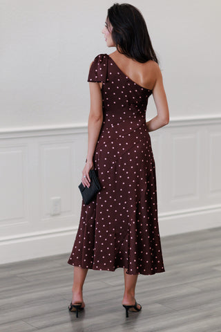 Silky Satin One-Shoulder Bow Midi Dress in Wine