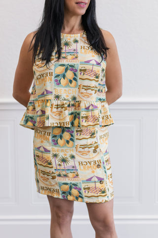 Tropical Lemon Sleeveless Top & Mini Skirt Set