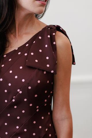Silky Satin One-Shoulder Bow Midi Dress in Wine