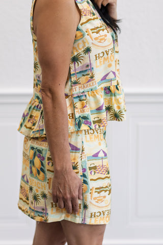 Tropical Lemon Sleeveless Top & Mini Skirt Set