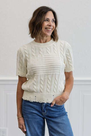 American Flag Motif Knit Top in Ecru