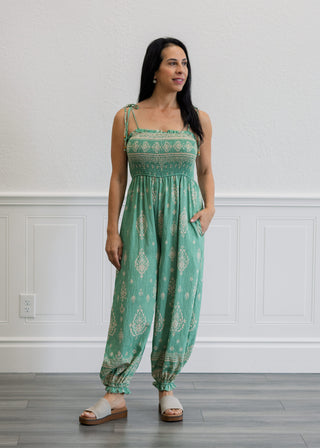 Smocked Border Print Jumpsuit in Sage