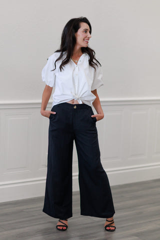 Linen Button Front Wide Leg Pants in Black