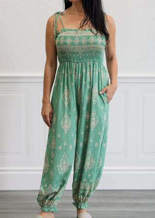 Smocked Border Print Jumpsuit in Sage