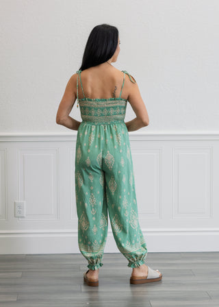 Smocked Border Print Jumpsuit in Sage