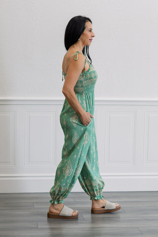 Smocked Border Print Jumpsuit in Sage
