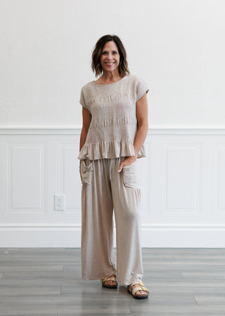 Smocked Waist Knit Pants in Taupe