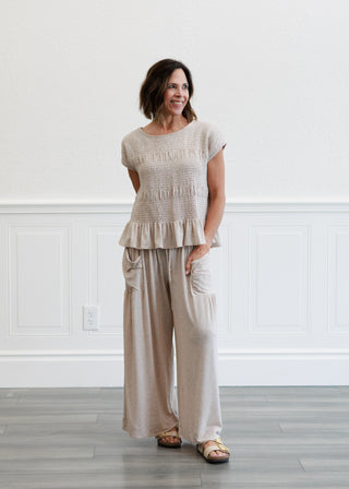 Boat Neck Tiered Smock Knit Top in Taupe