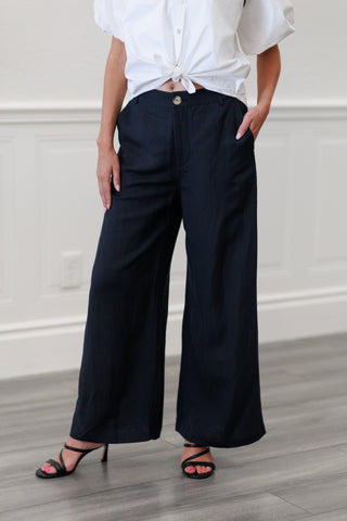 Linen Button Front Wide Leg Pants in Black