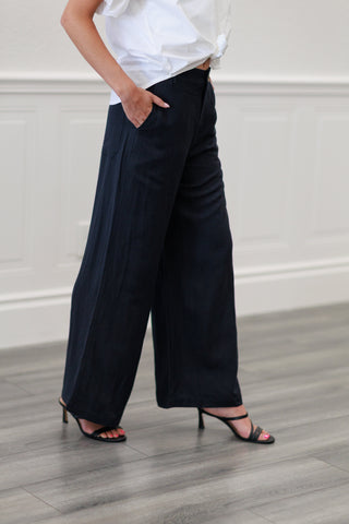Linen Button Front Wide Leg Pants in Black