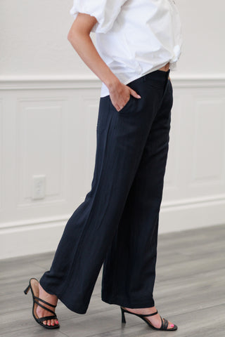 Linen Button Front Wide Leg Pants in Black