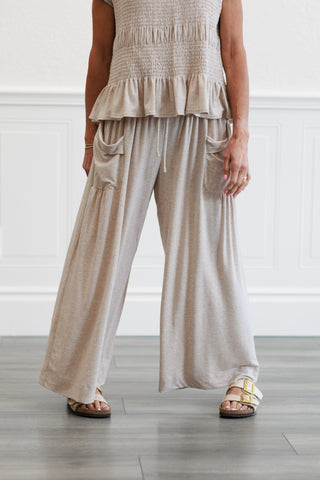 Smocked Waist Knit Pants in Taupe