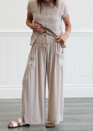 Smocked Waist Knit Pants in Taupe