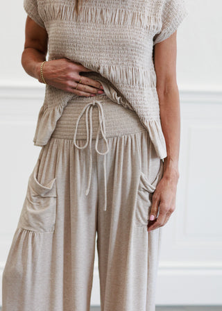 Smocked Waist Knit Pants in Taupe