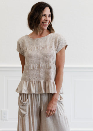 Boat Neck Tiered Smock Knit Top in Taupe