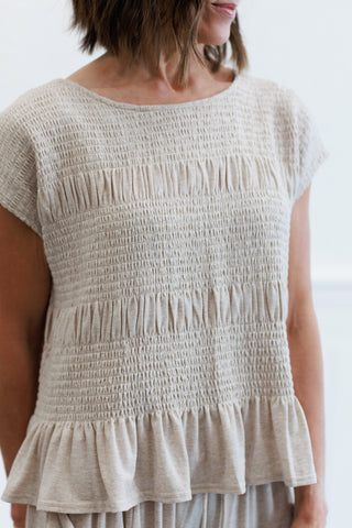 Boat Neck Tiered Smock Knit Top in Taupe
