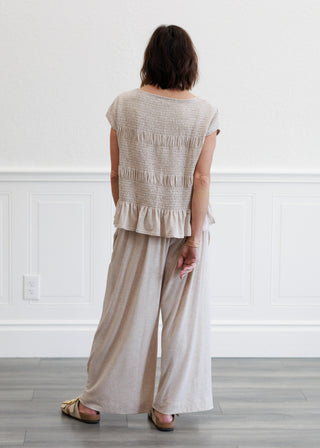 Boat Neck Tiered Smock Knit Top in Taupe