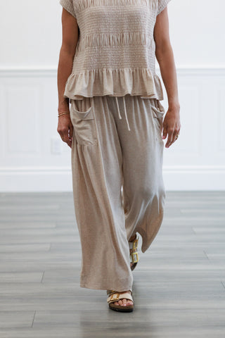 Boat Neck Tiered Smock Knit Top in Taupe