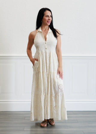 Eyelet Halter Maxi Dress in Butter | Alluv Place Extra small Eyelet Halter Maxi Dress in Butter | Alluv Place Extra small