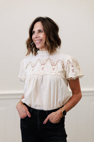 Embroidered Lace Mock Neck Blouse in Natural