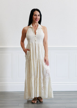 Eyelet Halter Maxi Dress in Butter