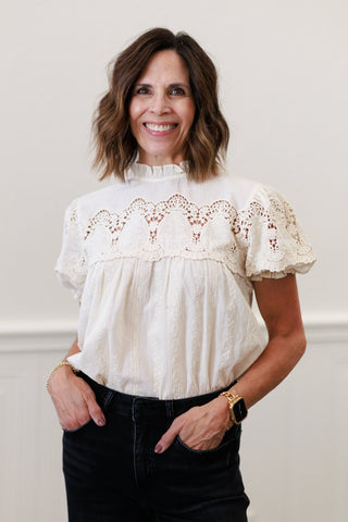 Embroidered Lace Mock Neck Blouse in Natural