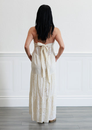 Eyelet Halter Maxi Dress in Butter