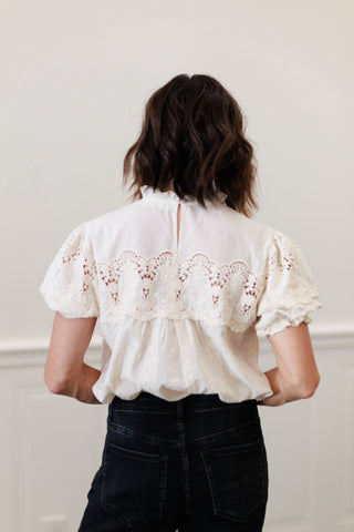 Embroidered Lace Mock Neck Blouse in Natural
