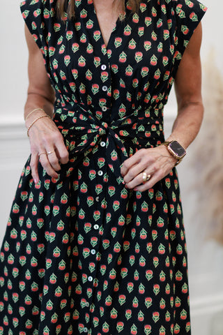 Geo Print Sleeveless Midi Dress in Black