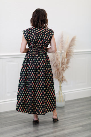 Geo Print Sleeveless Midi Dress in Black