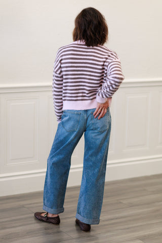 The Workshop Stripe Round Neck Button Down Fuzzy Cardigan