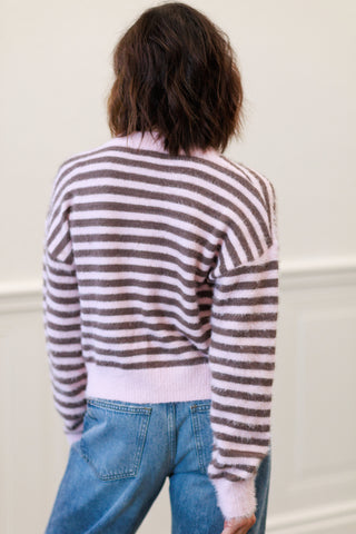 The Workshop Stripe Round Neck Button Down Fuzzy Cardigan