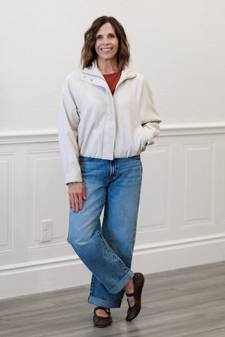 Faux Leather Padded Bomber Jacket in Stone