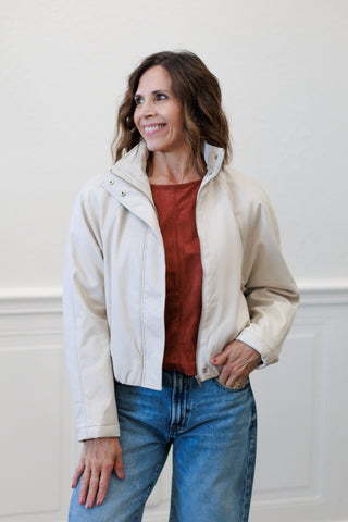 Faux Leather Padded Bomber Jacket in Stone