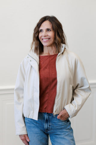 Faux Leather Padded Bomber Jacket in Stone