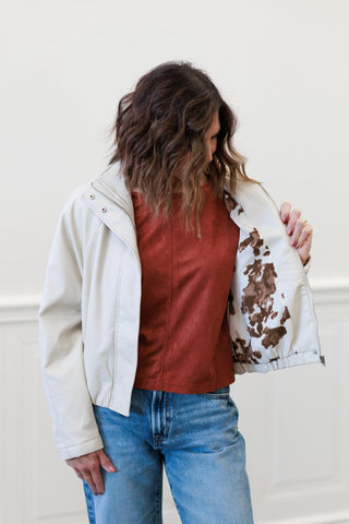 Faux Leather Padded Bomber Jacket in Stone