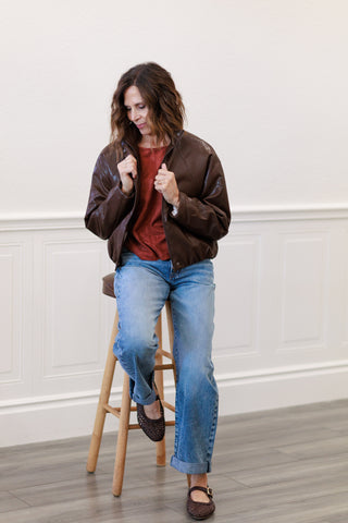 Faux Leather Padded Bomber Jacket in Dark Brown