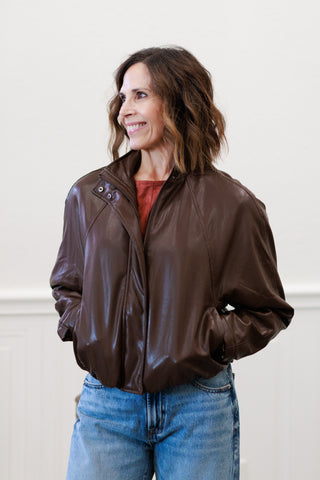 Faux Leather Padded Bomber Jacket in Dark Brown