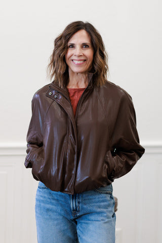 Faux Leather Padded Bomber Jacket in Dark Brown