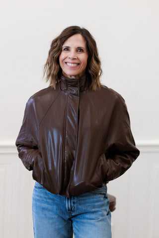 Faux Leather Padded Bomber Jacket in Dark Brown