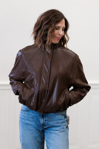 Faux Leather Padded Bomber Jacket in Dark Brown
