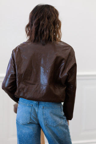 Faux Leather Padded Bomber Jacket in Dark Brown