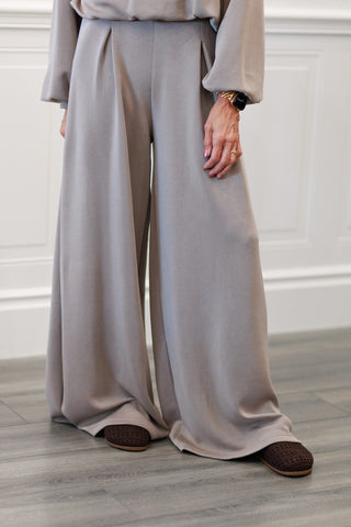 High-Waist Pleated Wide Leg Palazzo Pants in Ash