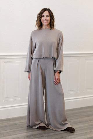High-Waist Pleated Wide Leg Palazzo Pants in Ash