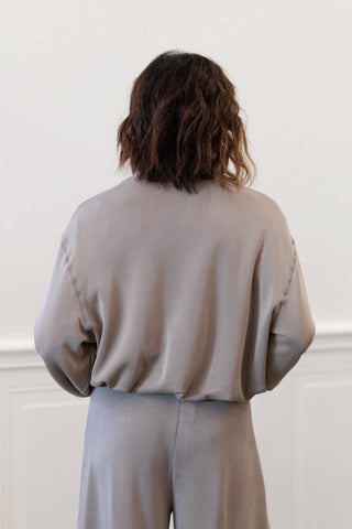 Cropped Balloon Sleeve Crewneck Lounge Top in Ash