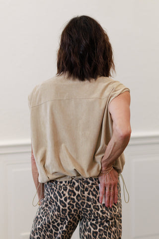 Faux Suede Zipper Front Vest Jacket in Ash Beige