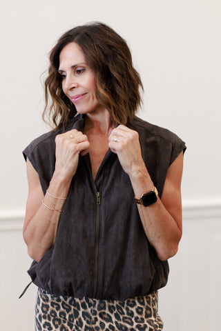 Faux Suede Zipper Front Vest Jacket in Espresso
