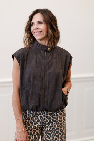 Faux Suede Zipper Front Vest Jacket in Espresso