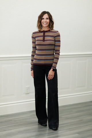 Multi-Stripe Fine Knit Henley Sweatshirt