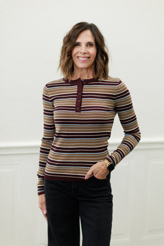 Multi-Stripe Fine Knit Henley Sweatshirt